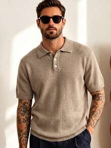 Men's Neutral Polo Collar Knit Sweater, Daily Commute Casual Versatile Solid Color Old Money Business Loose Short Sleeve Knit Top, Spring/Summer - Khaki - View 1