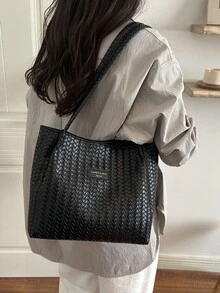 時尚純色大容量編織托特包，金屬裝飾，單肩包，適合女性購物、通勤上班與日常使用，適合學生校園使用 - 黑色 - 查看 4