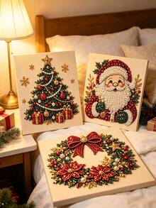 DIY Christmas Pearl & Diamond Art Kit, Includes Beads And Gem Stickers, Handmade 3D Holiday Decor, Adult Gift, Parent-Child Interactive Activity, 4 Classic Beaded Decoration Designs - A - View 2