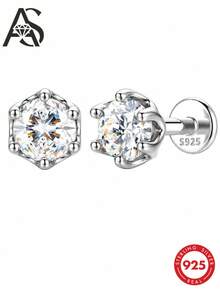 AnlaScheer 1pc D-Color Moissanite Flat Back Stud Earring, Genuine S925 Sterling Silver Single Stone Inlay, Hypoallergenic Platinum Plated Jewelry - Silver - View 11