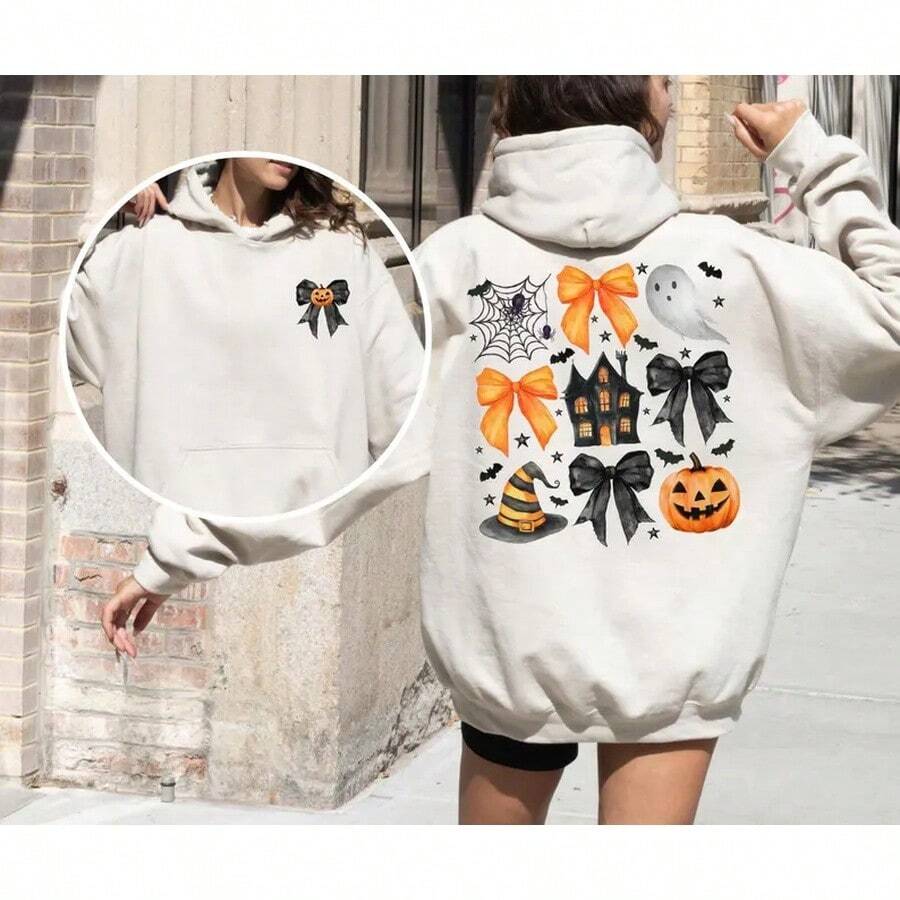 Coquette Pumpkin Ghost Halloween Sweatshirt, Halloween Bows Pumpkin Sweater - 樣式1 - 查看 1