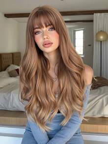 24 Inch Linen Brown Fringe Long Curly Synthetic Heat-Resistant Fiber Wig For Women's Daily Party Birthday Christmas Wear - Multicolor - View 1