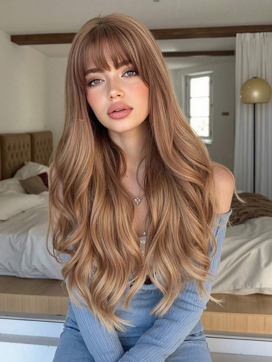 24 Inch Linen Brown Fringe Long Curly Synthetic Heat-Resistant Fiber Wig For Women's Daily Party Birthday Christmas Wear - Multicolor - View 1