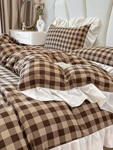 Brown Plaid Print Ruffle Edge Duvet Cover 4-Piece Set, Soft And Comfortable Bedroom Bedding Set Including 1 Duvet Cover, 1 Bed Sheet, 2 Pillowcases, No Filling, Suitable For Bedroom, Dorm, Home Use, Multiple Size Options, Back To School Dorm Decor, College Decor - Brown - View 6
