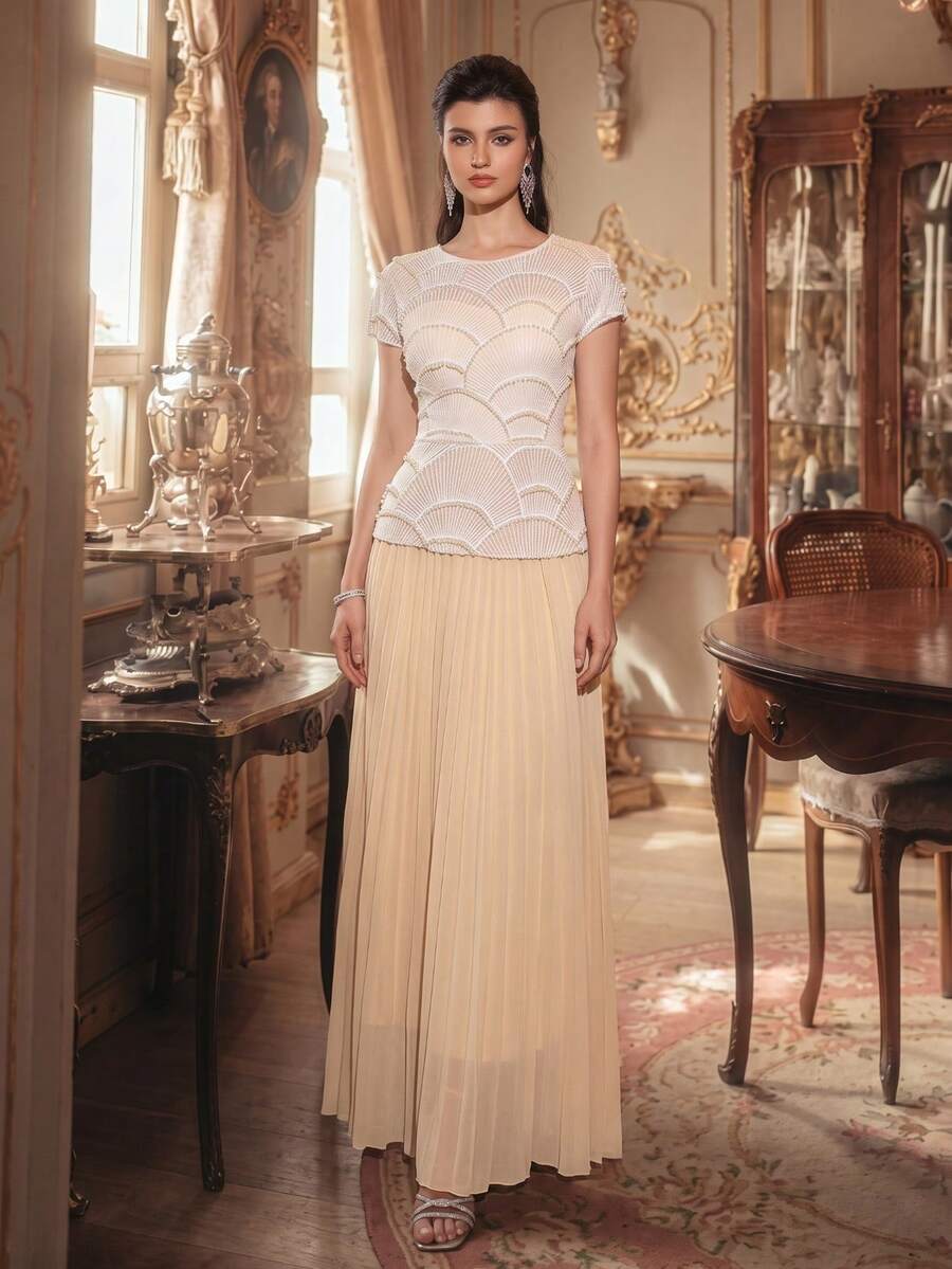 Nuovo abito elegante da donna con perline in tessuto personalizzato per feste e matrimoni - Albicocca - Visualizzare 1