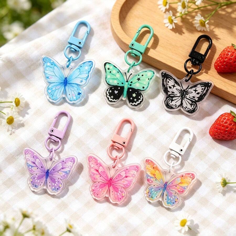 6 Pcs/Pack Cute Colorful Butterfly Acrylic Keychains, Cartoon Backpack Pendant Key Rings, Aesthetic Decorative Key Holders For Students Party Favor Gift Supplies - Butterfly - View 1