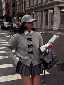 Women's Spotted Knit Cardigan, Black Bow Decor Button Sweater, Suitable For Halloween, Thanksgiving And Christmas - Grey - View 7