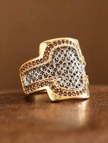 ZHIXUN 1pc Vintage Elegant Inlaid Synthetic Zirconia Dual-Color Hollow Pattern Women's Ring, Versatile Accessory For Daily Wear, Dating, Party, Banquet - Ring - View 2