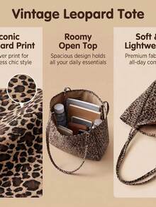 Vintage Leopard Print Handbag, Soft Large Capacity Shoulder Bag, Casual American Street Style Leopard Print Handbag, Versatile Daily Travel Shoulder Bag - Brown - View 3
