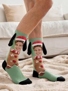Custom Face Crew Socks Gingerbread Christmas Pattern Personalized Photo Print Novelty Festive Socks With Detachable Dog Ear Decorations Creative - Multicolor - View 2