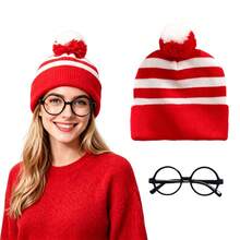 3pcs Party Dress‑Up Kit, Red White Striped Knit Hat, Black Round, Knee High Socks, Halloween Carnival Book Day Cosplay Accessories For Men Women,Halloween - Multicolor - View 3