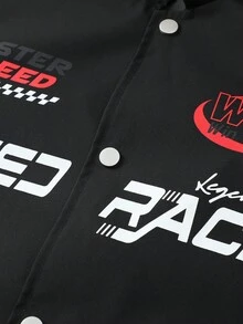 Matte Black American Racing Style Stand Collar Baseball Jacket, Burgundy Contrast Color Racing Letter Print Stand Collar Baseball Jacket, Niche American Hip-Hop High Street Jacket, Racing Element All-Over Print Baseball Windbreaker, Slim Fit Slightly Loose For Men - black red - View 7