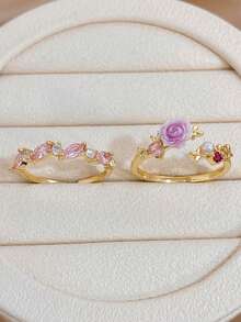 1Pc/Set Elegant Gold Plated Pink Floral Marquise Zirconia Open Ring,Jewelry Set For Women,Party,Daily,Christmas,Wedding,Boho,Valentine Birthday Gifts - Multicolor - View 2