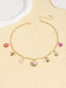 Bee & Flower Pendant Necklace, Colorful Multi-Flower Layered Sweet Neck Chain, Versatile Commute Collarbone Necklace - one-size - View 7