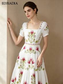 ELYRADIA Elegant Retro White Embroidered Floral Midi Dress, Square Neck Short Sleeve A-Line Spaghetti Strap Dress, Formal Luxury Evening Gown For Wedding - Beige - View 7