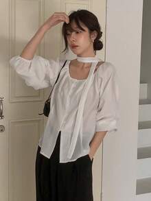 Women's Solid Color Elegant Bow Tie Button-Down Long Sleeve Blouse - White - View 2