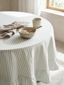 1pc Light Blue Green White Fine Striped Round Tablecloth, Fresh Natural Style Fabric Material, Round Ruffle Trim Pleated Detail Decoration, Beautification Function, Outdoor Round Tablecloth Suitable For Outdoor Patio And Natural Pastoral Dining Scenes - Green - View 6