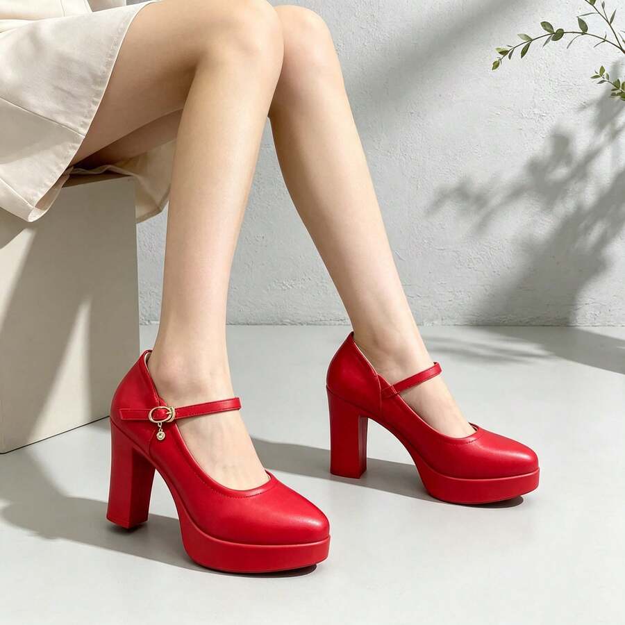 Geeyea Vintage High-Heel Mary Jane Shoes For Women,Round-Toe Block-Heel Slip-On Shoes With An Ankle Strap Buckle,Shoes For Women Heels - 紅色 - 查看 1