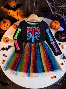 1pc Girls Toddler Casual Skull, Star & Moon Pattern Soft Comfortable Knit Mesh Dress, Suitable For Outdoor Wear, Autumn/Winter - Black - View 3