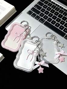 Wavy Ruffled Transparent Acrylic Photocard Holder, Shiny Rhinestone Lanyard, Y2K Style, Ins Sweet Pendant Exquisite Bow Heart Resin Pink Star Bag Charm, Photocard Accessories, ID Badge Neck Strap, DIY Card Storage Case, Fits Idol Photos, Custom Printed Cards, School ID, Access Cards, ID Cards, Work Pass And Subway Cards, Student, Fan Gift, Keychain, Backpack Charm, Back To School Essential (Cardstock Not Included) - Multicolor - View 4
