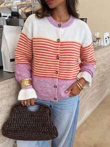 Just Masa Women's Fall Winter Casual Y2K Contrast Stripe Sweater,Ruffle Balloon Sleeve Button Up Sweater Cardigan,For Daily Wear,Going Out,Christmas - Pink - View 9