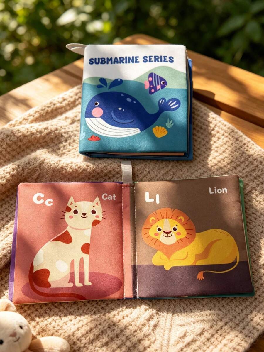 BBSKY 1pc Baby Cloth Book Toy For Boys And Girls, Washable Cloth Book With Ocean And Farm Animal Patterns, Built-In Crinkle Paper Sensory Toy, Portable Hanging Strap Design, Letter And Number Recognition Interactive Toy, Suitable As Newborn Baby Gift - Multicolor - View 1