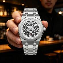 1PC Mechanical-Style Men's Watch, Skeleton Dial, Octagonal Case, With Date Display, Perfect For Everyday Wear Or As A Gift - one-size - View 6