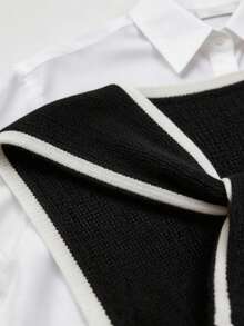 Women's Contrast Trim Knit Shawl, College Style Sailor Collar Front Tie Decor Cape, Casual Versatile Outerwear, Suitable For Daily Shirt Dress Layering - Black - View 3