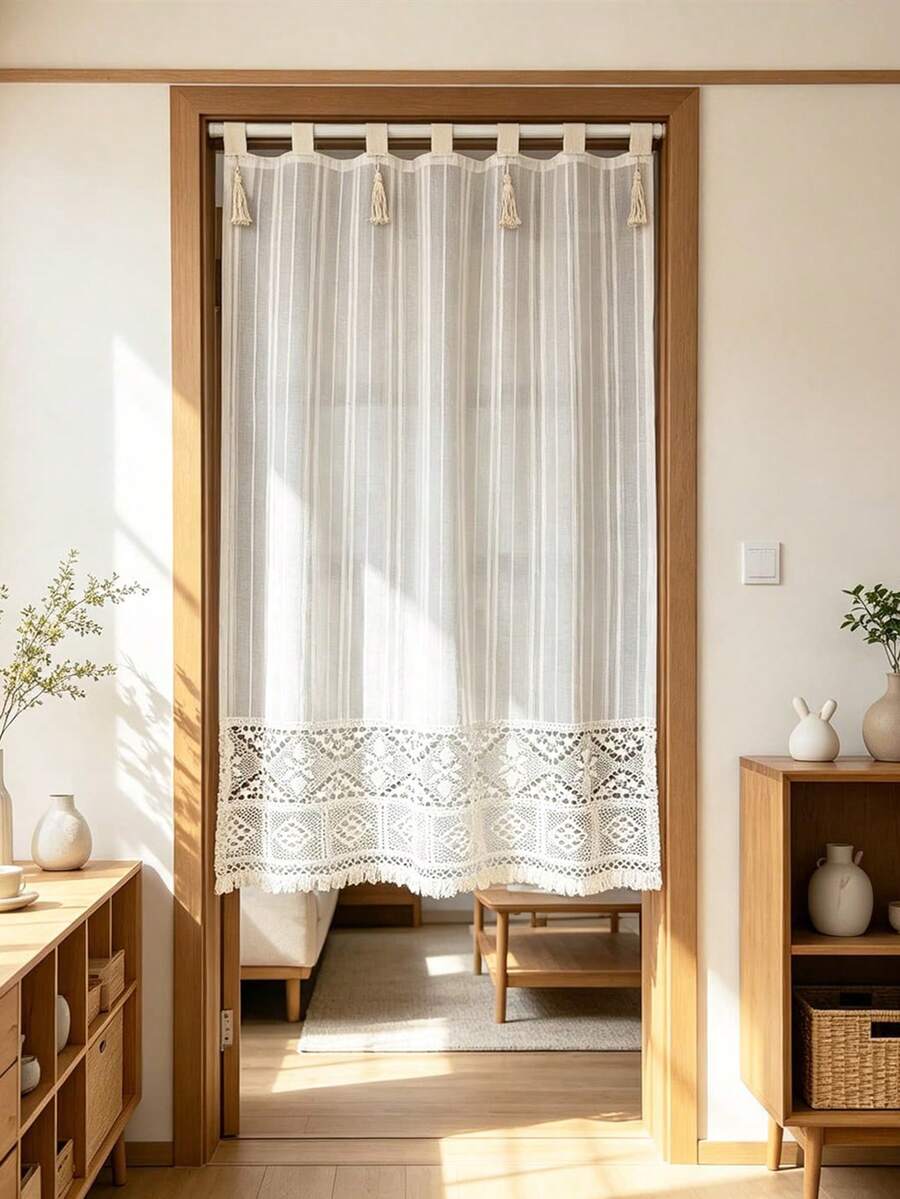 1 buah Tirai Pintu Transparan Gaya Jepang Warna Krem dengan Pengait di Bagian Atas, Tirai Linen Bergaris Vertikal Penyaring Cahaya dengan Dekorasi Rumbai & Bagian Bawah Renda Rajutan, Tirai Pembatas Ruangan Dekoratif untuk Pintu Masuk Ruang Tamu - 1PC - View 1