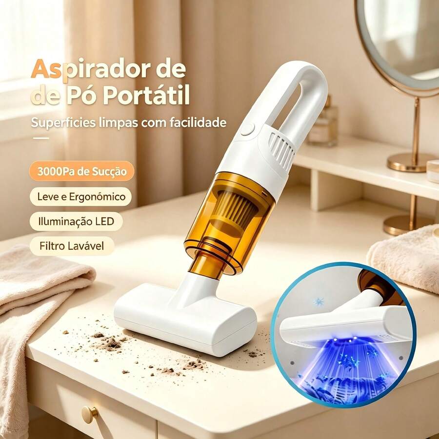 Esse aparelho mini aspirador de pó 3 em 1 portátil recarregável com luz UV higienizante traz sucção potente para você manter cama, sofá, almofadas e móveis de sua casa bem conservados e limpos. - Branco - Visão 1