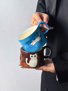 1pc Cute Cat Print Ceramic Coffee Mug, Ins Minimalist Retro Mug, Hand-Painted Asymmetrical Wavy Texture Design, Afternoon Tea Cup, Breakfast Milk Cup, Microwave , Dishwasher , Birthday Gift, Souvenir Gift - Multicolor - View 6