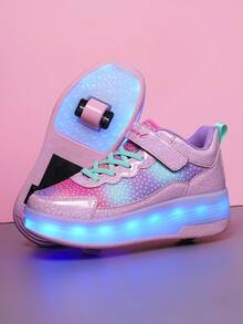 BLSART Kids Starry Sky Gradient Light-Up Detachable 4-Wheel Roller Skate Shoes, Student Sports Casual Shoes - Pink - View 4
