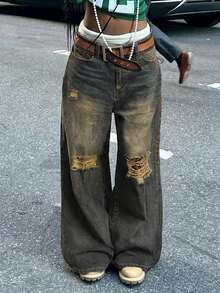 Women's Vintage Distressed Loose Straight Leg Jeans - Navy Blue - View 6
