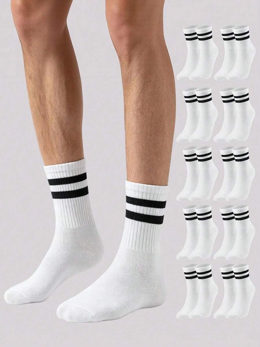 1/5/10 Pairs Men's Classic Double Stripe Black & White Mid-Calf Socks, Retro Collegiate Style, Elastic & Breathable, Versatile Skateboard Socks - White - View 1
