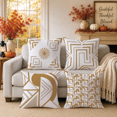 4pcs Modern Minimalist Brown & Gray Abstract Geometric Pattern Cushion Covers, Single-Sided Printed Skin-Friendly Peach Skin Velvet Material, 45*45CM Pillowcases Suitable For Home Bedroom Living Room Party Holiday Decoration, Geometric Patchwork Theme Sofa Decorative Cushion Covers Gift, No Pillow Insert