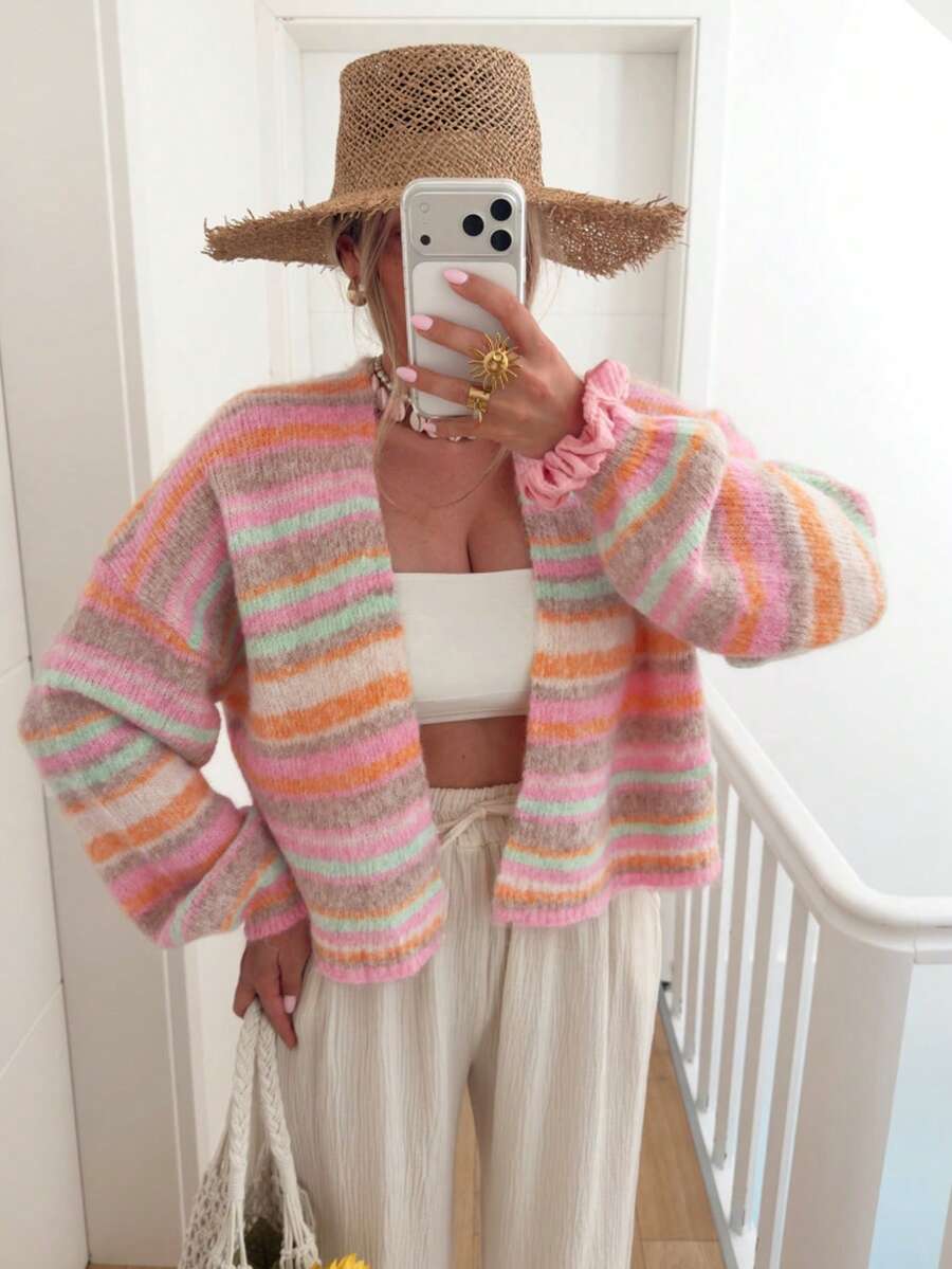 Women's Colorblock Striped Single-Breasted Casual Daily Cardigan - Pink - View 1
