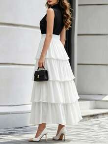 DONICY Falda midi blanca de cintura alta con volantes en capas para mujer, falda de gasa fluida con corte en A, estilo casual de vacaciones - Blanco - Ver 2