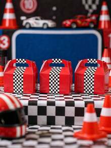 6入賽車主題紅色手柄糖果盒 嬰兒派對伴手禮 兒童生日用品 棋盤旗設計零食袋 拍照道具 - 彩色 - 查看 5