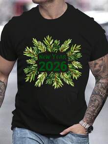 2026 New Men's Pure Cotton Short-Sleeve T-Shirt Casual Oversized New Year Graphic Print Daily Wear Top - Black - View 6