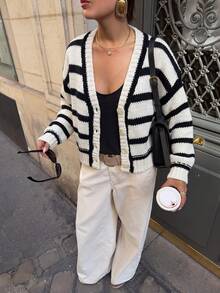 Women's Striped Chunky Knit Cardigan, V-Neck Button-Up Loose Fit Oversized Sweater, Casual French Style Autumn Outerwear - Black and White - View 1