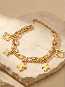 Letingsha 1pc Fashionable Stainless Steel Four-Leaf Clover Pendant Bracelet, Suitable For Women's Daily Wear - Yellow Gold - View 5