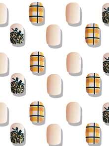 24pcs Cute Square Press On Fake Nails Brown Short Nail Pumpkin And Leopard Print Nails Thanksgiving Day Nails - Multicolor - View 2