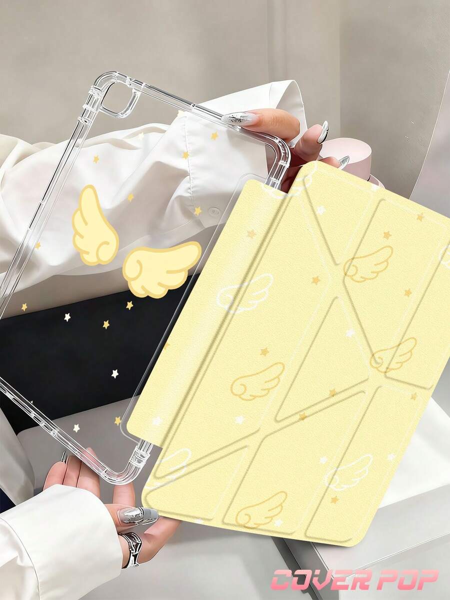 奶油黃翅膀與星星狗狗口號圖案平板保護殼，相容 iPad 9.7/10.2/10.5/10.9/12.9/Pro 11、第 10 代，相容 Galaxy Tab S6 Lite 10.4 吋，相容 Kindle Paperwhite 第 12 代 2024、Kindle (第 11 代-2024 發行)，柔軟防摔，智慧支架/自動喚醒/睡眠，Y 型折疊平板保護套，多種觀看角度