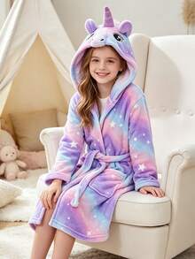 Tween Girl Ombre Unicorn Embroidered Pocket Front 3D Patched Hooded Belted Flannel Lounge Robe - Multicolor - View 5