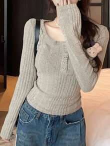 Women's Minimalist Ribbed Long Sleeve Slim Fit Cropped T-Shirt, New Autumn/Winter Base Layer Top, Random Fabric Patchwork Fall - Grayish Apricot - View 4