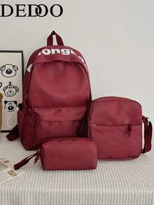 Dedoo Juego de 3 piezas de mochila, estampado de estrellas & letras, cordón con cremallera de bloques de color, gran capacidad, mochila escolar, bolso diario para estudiantes de universidad y campus - Rojo - Ver 2