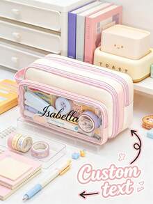 Personalized Name Pencil Case, Custom Text Large Capacity Triple Compartment Pen Pouch With Clear Front Pocket And Carry Handle, Portable Stationery Organizer And Cosmetic Storage Bag For College, Office, Travel, Birthday And Back To School Gift - Multicolor - View 4