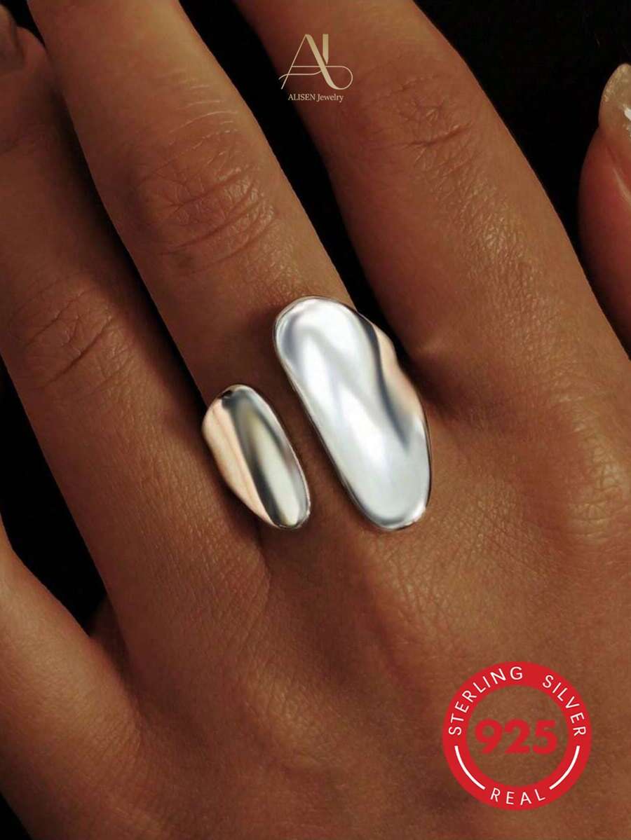 1pc S925 Sterling Silver Minimalist Versatile Polished Wide Band Punk Style Asymmetrical Open Adjustable Women's Ring, Couple Ring, Daily Wear Holiday Gift