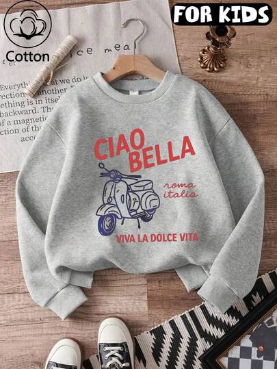 Tween Girl Crewneck Sweatshirt, Ciao Bella Italy Scooter Graphic Pullover, Soft Cotton Long Sleeve Top