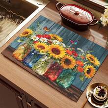 1pc Sunflower Floral Pattern Absorbent Drying Mat, Kitchen Decor Coffee Machine Mat, Laundry Room Accessory Handmade Coffee Pot Drip Tray, Kitchen Floor Mat, Dining Table Mat, Kitchen Countertop Dish Drying Mat, Breakfast Mat, Heat-Resistant Drip Tray With Non-Slip Pad, Diatomaceous Earth Drip Tray, Stain-Hiding, Super Absorbent Kitchen Drip Tray, Easy-To-Clean Dish Rack Mat, Perfect For Kitchen, Dining Table, Coffee Shop, Bar, Holiday, Party, Home Decor, Holiday Gift - Multicolor - View 4